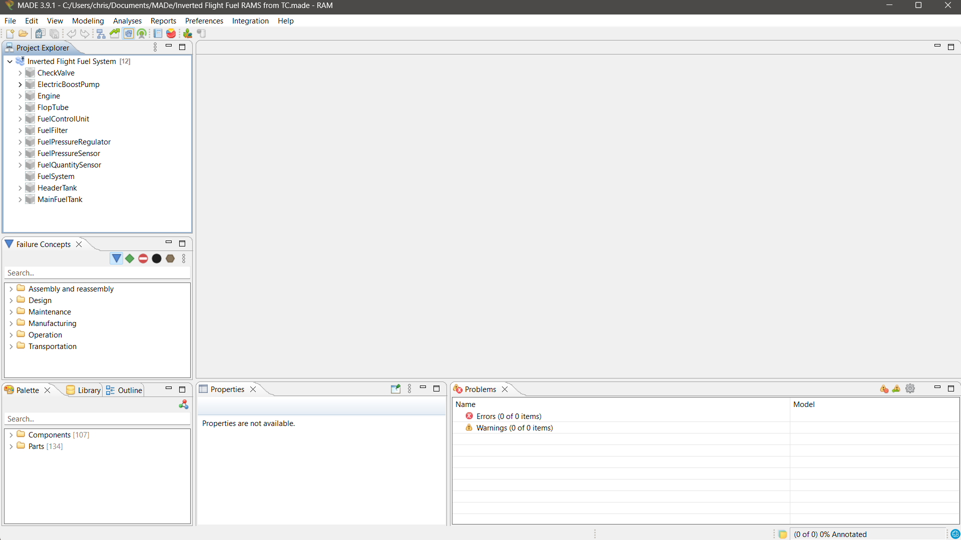 MADe 3.9.1 with the Inverted Flight Fuel System imported, showing 12 components and zero errors
