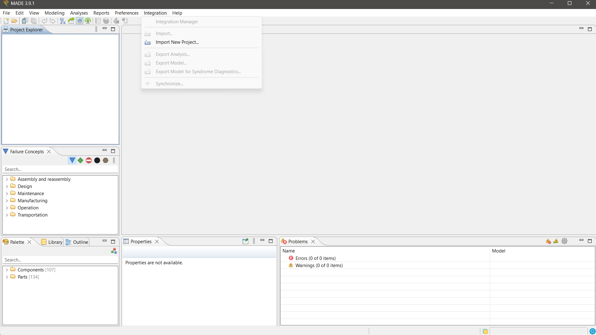 MADe Integration menu with Import New Project highlighted