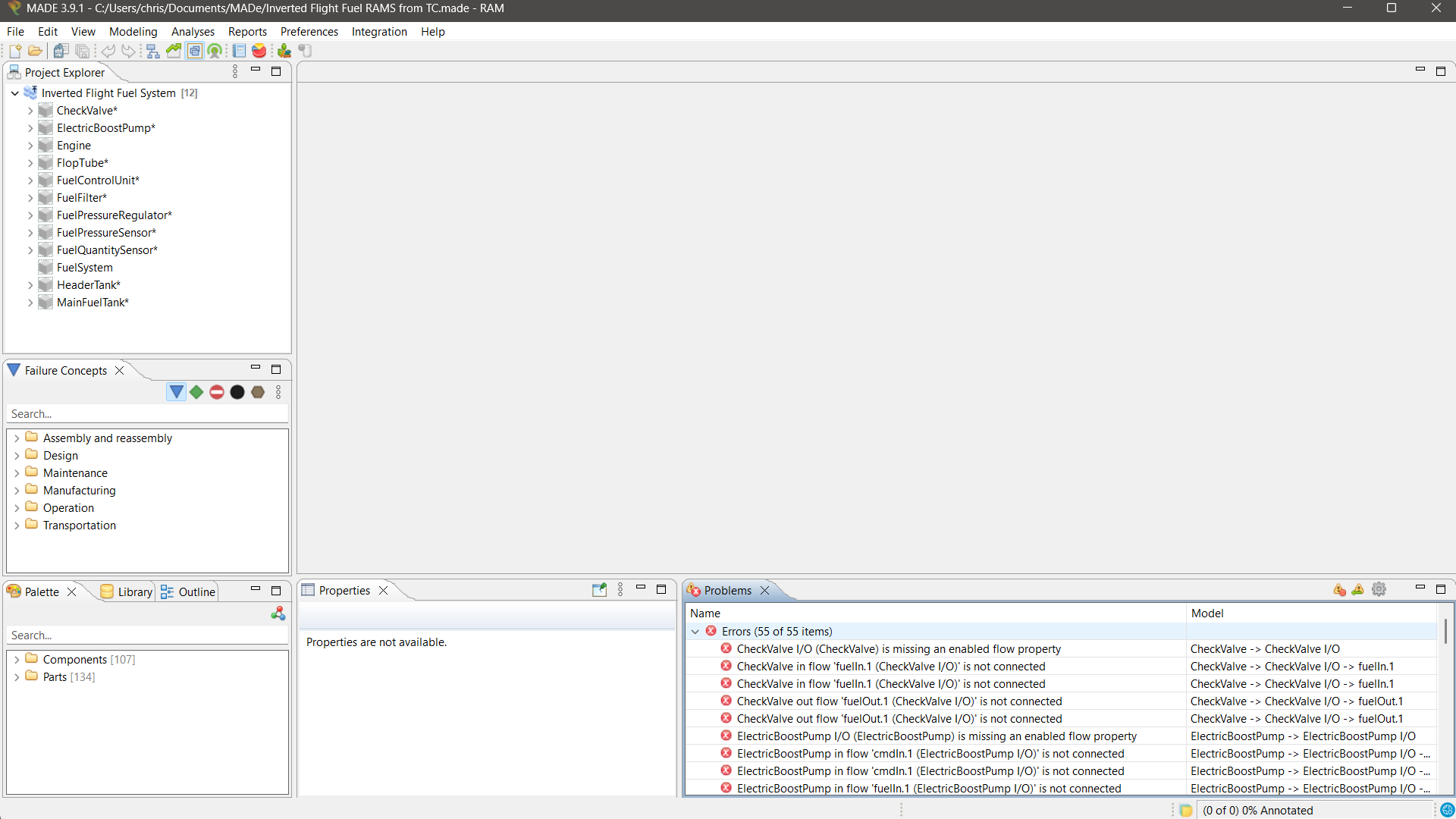 MADe Problems panel listing 55 errors: each function missing an enabled flow property, and each in and out flow reported not connected twice