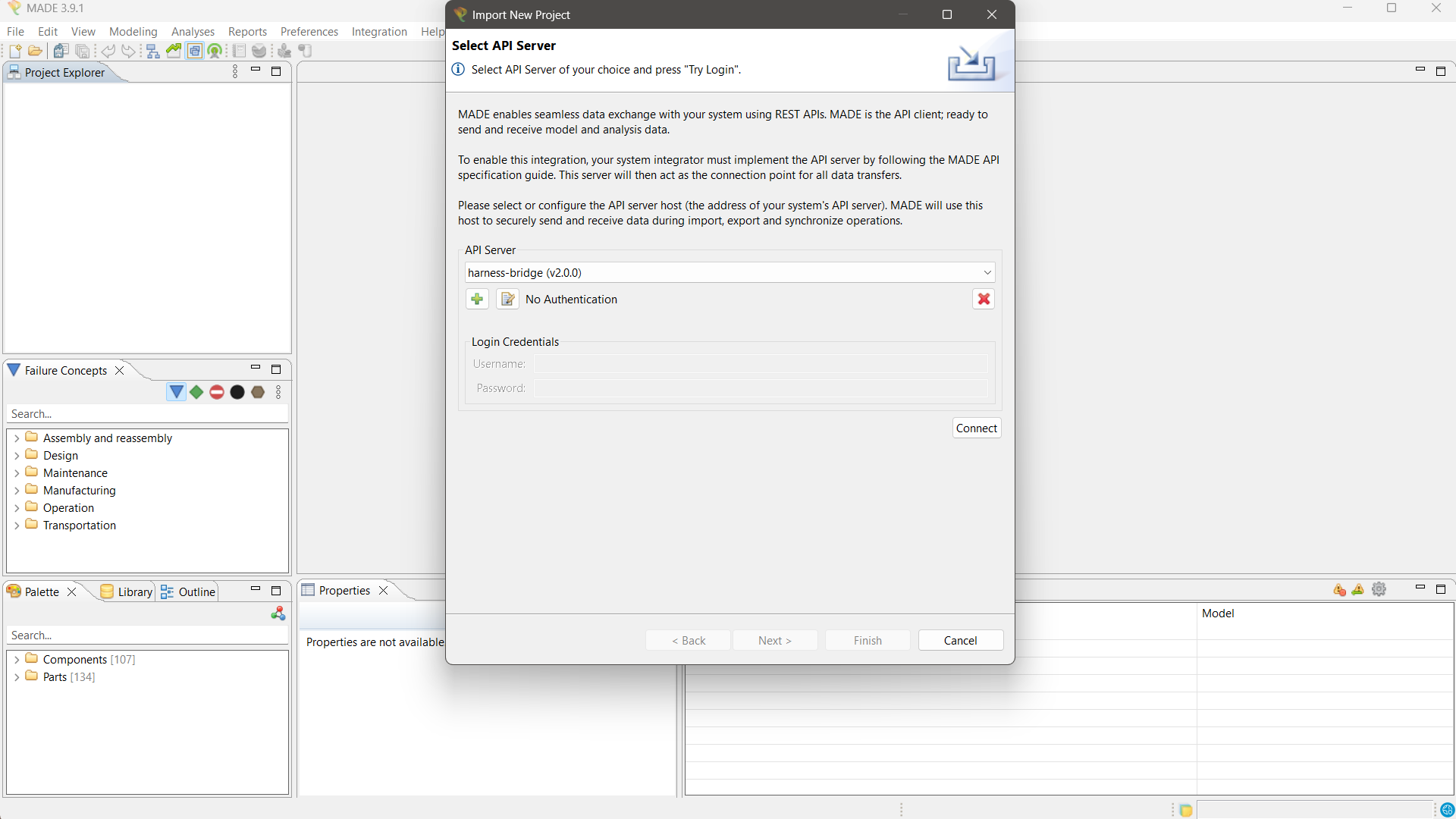 MADe Select API Server step with the harness-bridge host and No Authentication