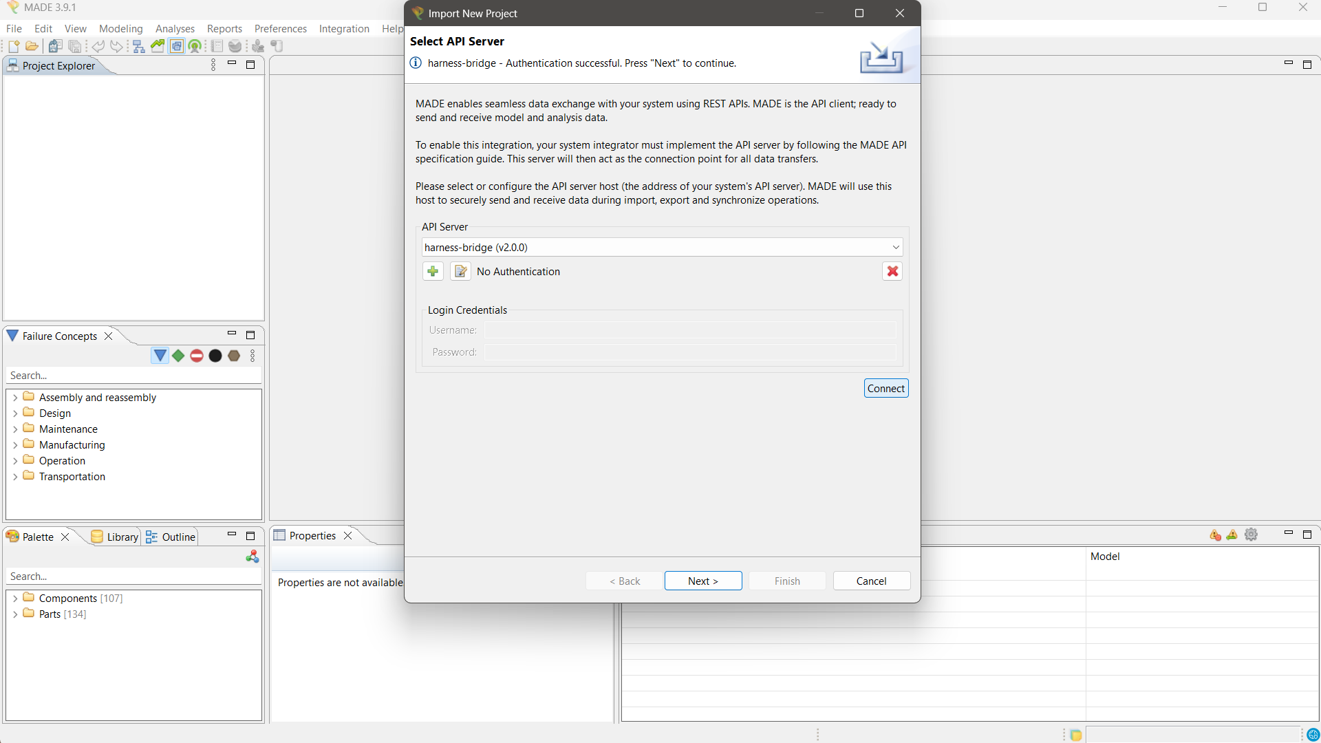 MADe showing harness-bridge - Authentication successful