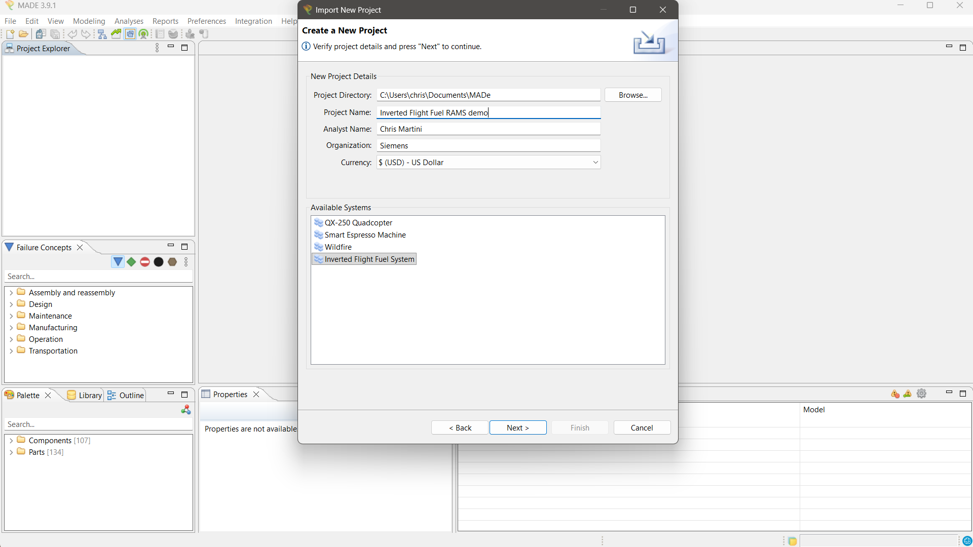 MADe Create a New Project step listing four available systems including Inverted Flight Fuel System