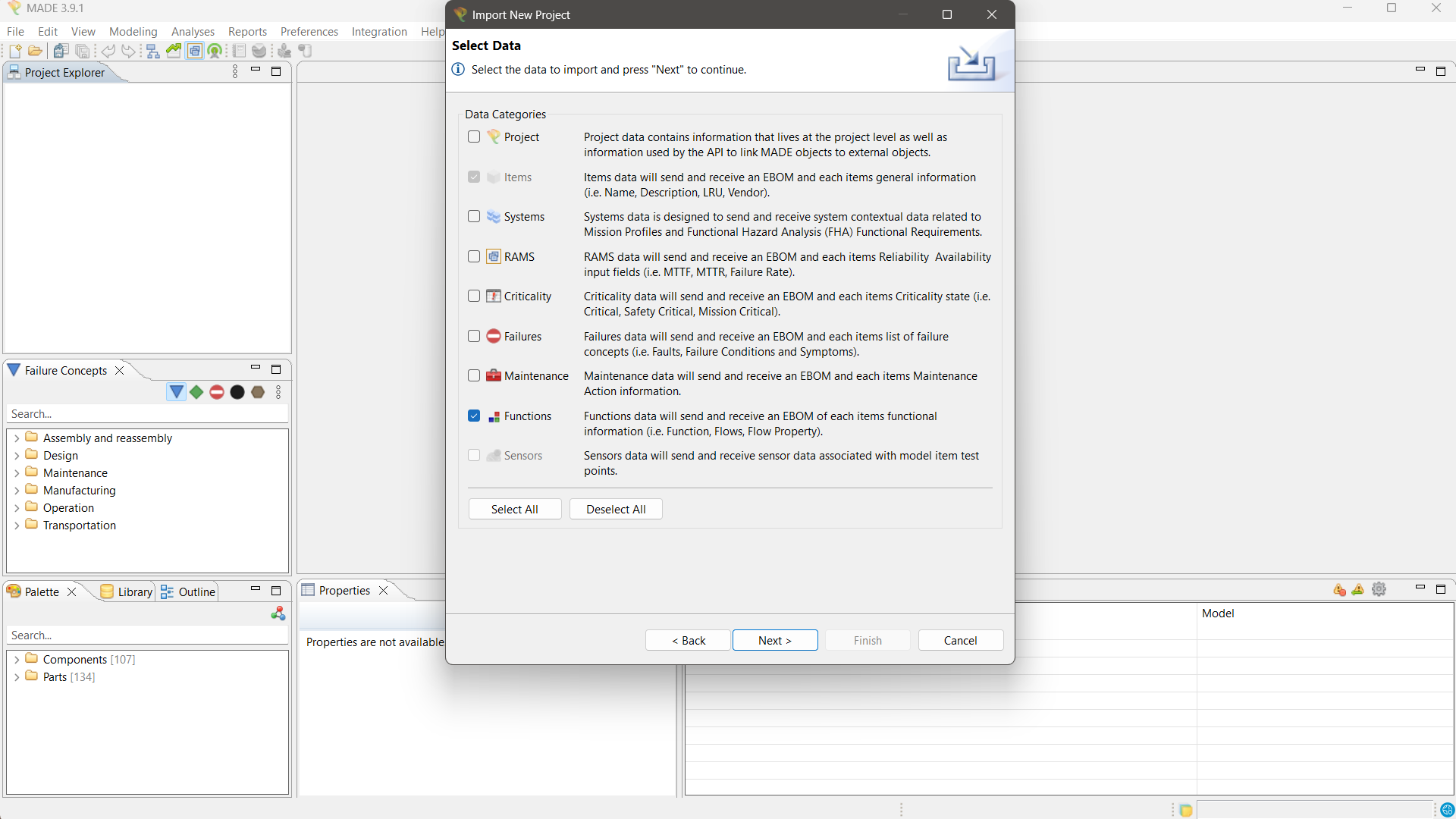 MADe Select Data step with Items mandatory and Functions checked