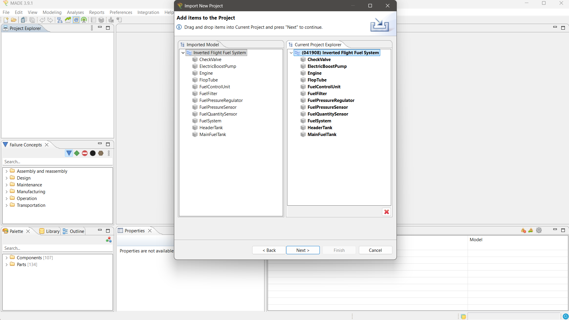 MADe Current Project Explorer showing (041908) Inverted Flight Fuel System with its components