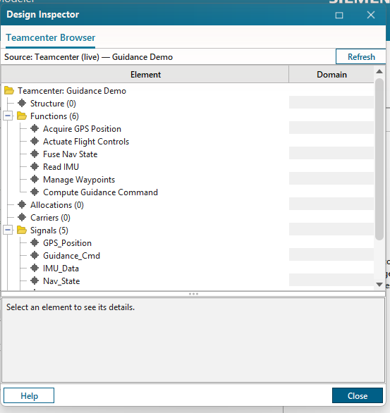 Systems Modeler Design Tree with the Teamcenter tab active