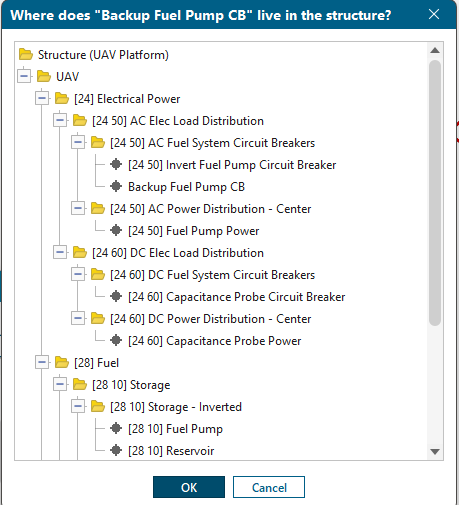 Assign Structure Parent dialog showing the live Teamcenter structure tree