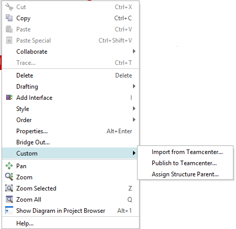 Capital right-click Custom flyout with Publish to Teamcenter highlighted