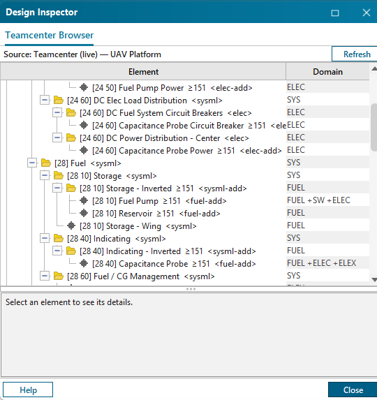 Capital Systems Architect Teamcenter Browser tree-table showing the live structure with the Domain column