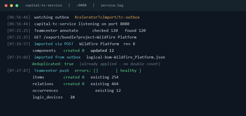 tc-service log showing a nested TC push summary with items_created 0
